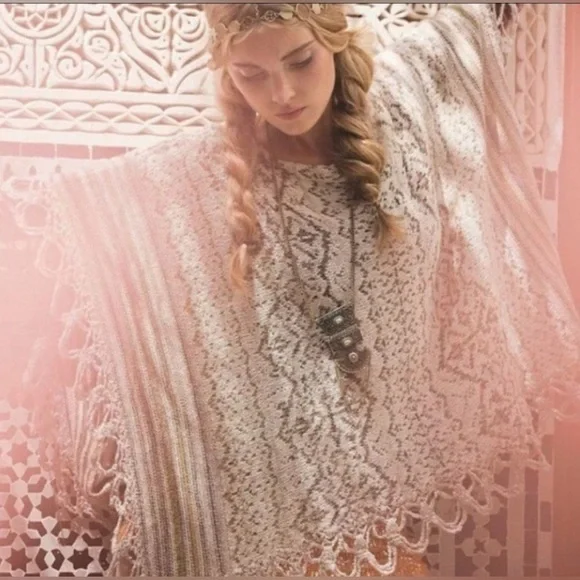 Free People Casablanca Boho Knit Poncho Wool Cream Brown XS - Picture 14 of 14